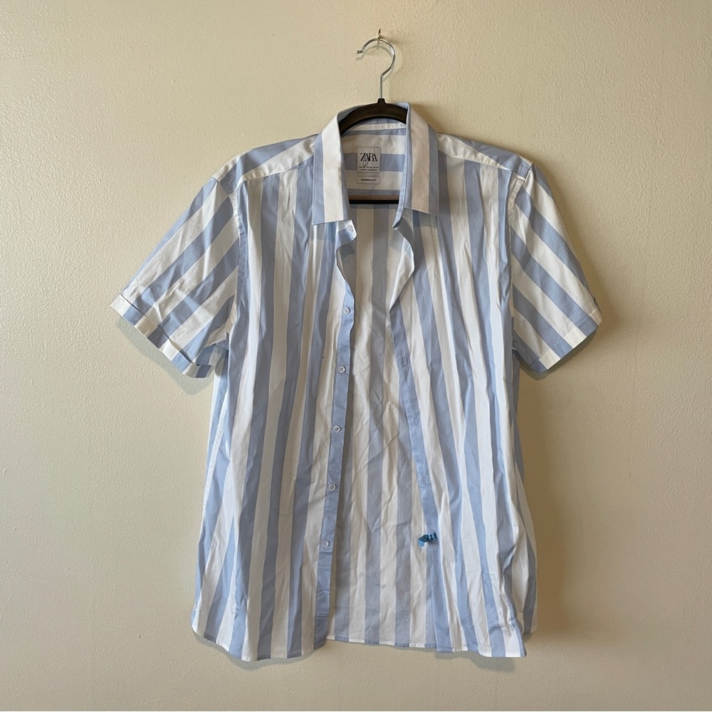 Zara Men's Casual Blue and White Striped Shirt